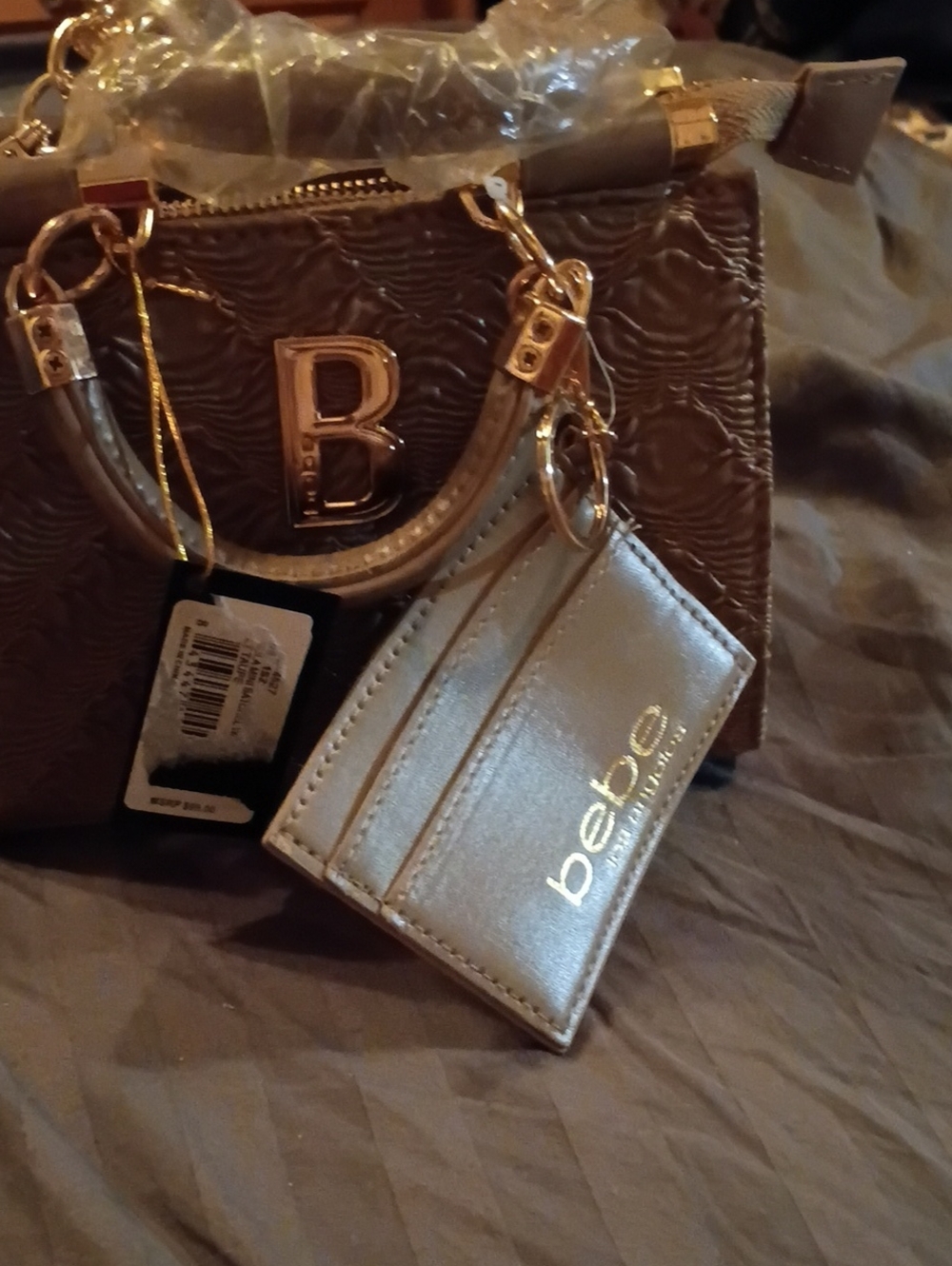 bebe Metallic Gold Cardholder Keychain with Logo Brand New